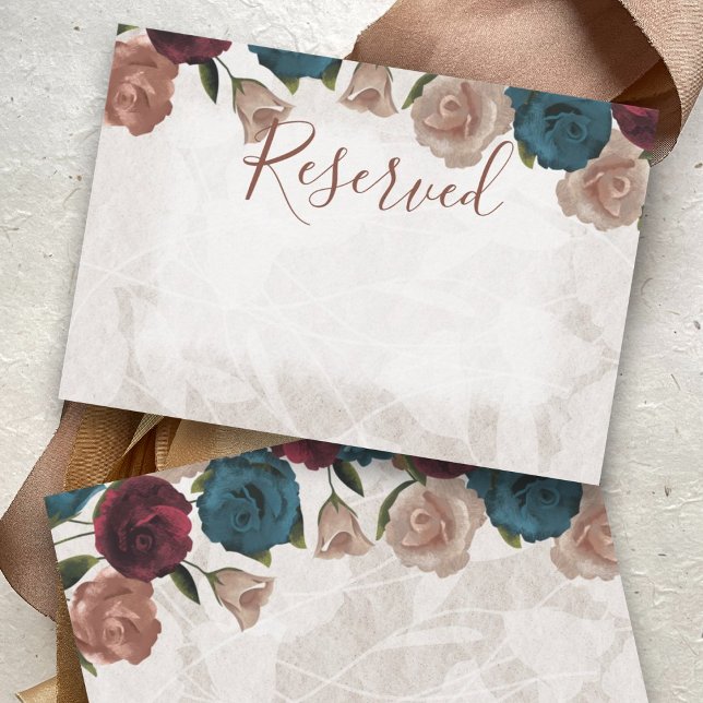 Tarjeta Pequeña Beige, verde Verde azulado, Rosa Boda de Borgoña r (beige, mauve, beige, teal roses reserved place card, wedding escort card, chair seating name card)
