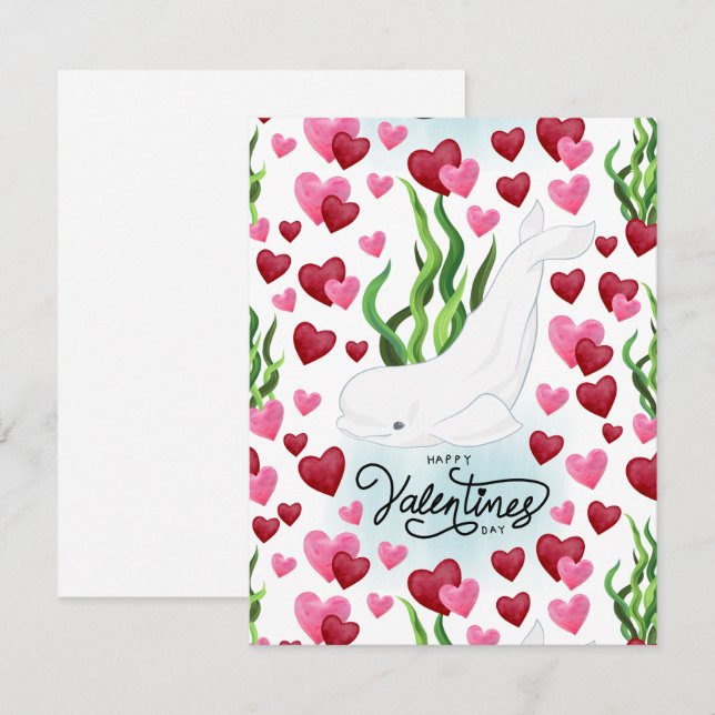 Tarjeta Pequeña Beluga Whale Love Valentine’s Day Card in White (Anverso / Reverso)