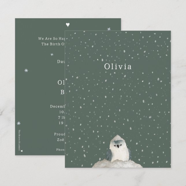 Tarjeta Pequeña Birth Announcement Card Little Bird In The Snow (Anverso / Reverso)