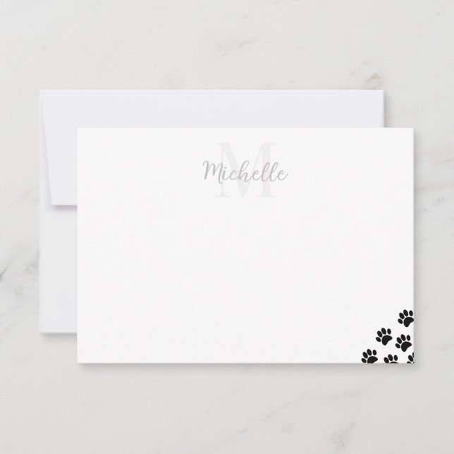 Tarjeta Pequeña Black Pet Paw Prints Custom Monogram (Anverso)