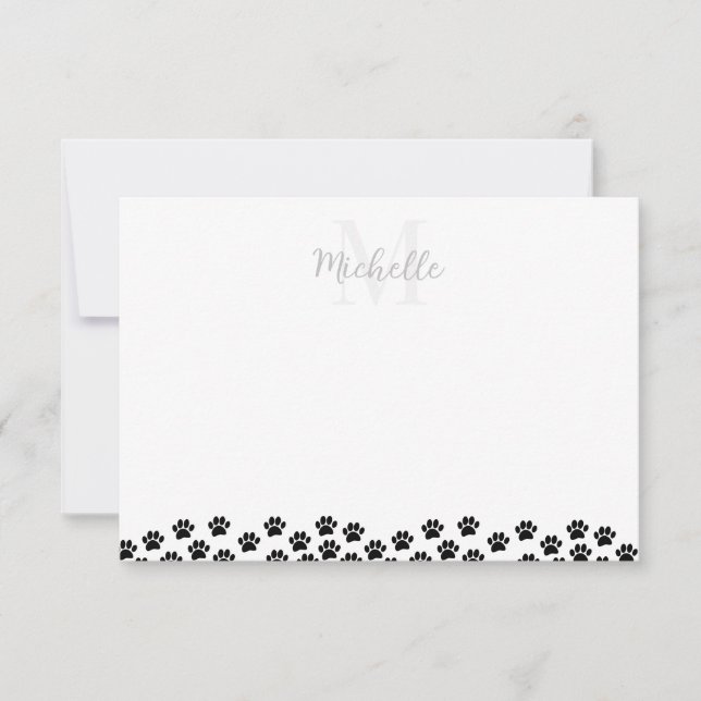 Tarjeta Pequeña Black Pet Paw Prints Custom Monogram Cute  (Anverso)