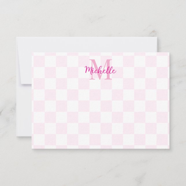 Tarjeta Pequeña Blanco y rosa elegante a cuadros personalizado  (Anverso)