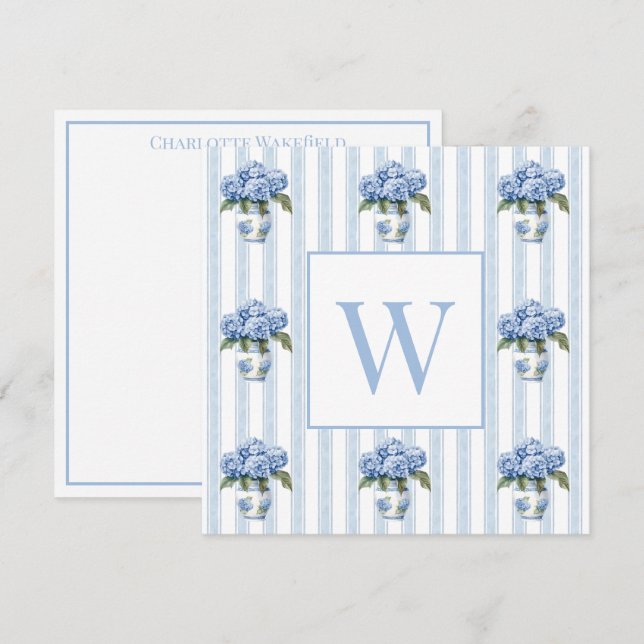 Tarjeta Pequeña Blue and White Hydrangeas on Stripes Monogram (Anverso / Reverso)