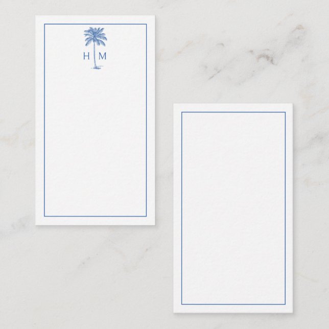 Tarjeta Pequeña Blue and White Palm Palmetto Tree Monogram (Anverso / Reverso)