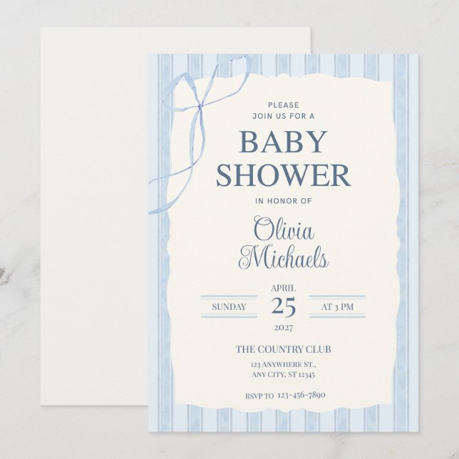 Tarjeta Pequeña Blue Bow Minimalist Baby Shower Invitation (Anverso / Reverso)