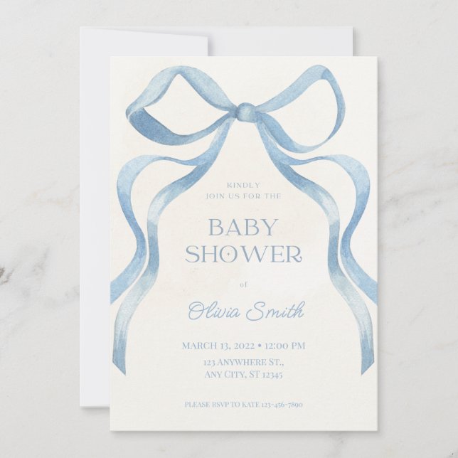 Tarjeta Pequeña Blue Bow Minimalist Baby Shower Invitation (Anverso)