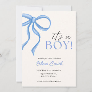 Tarjeta Pequeña Blue Bow Minimalist Baby Shower Invitation