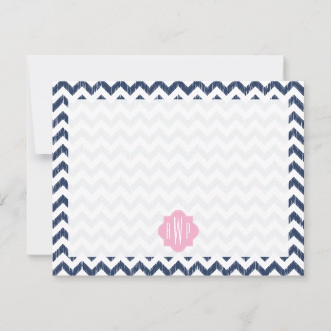 Tarjeta Pequeña Blue Chevron Ikat Monogramed Flat Notecard (Anverso)
