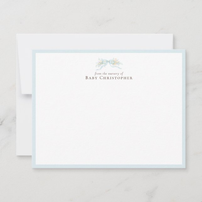 Tarjeta Pequeña Blue Floral Bow Nursery Note Card – Personalized (Anverso)