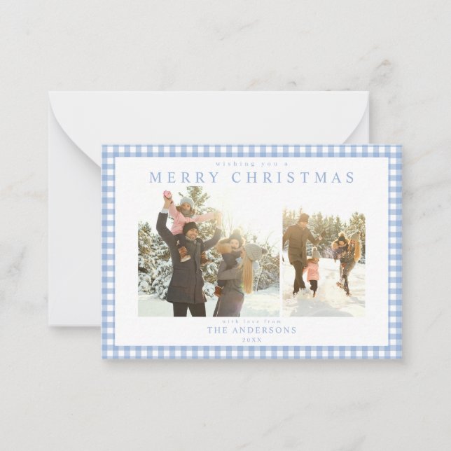 Tarjeta Pequeña Blue Gingham Plaid Two Photo Mini Holiday Card (Anverso)