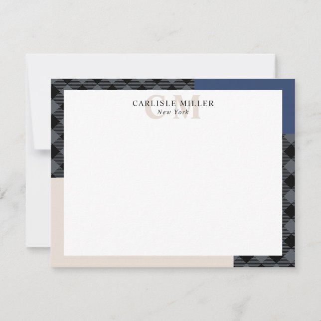 Tarjeta Pequeña Blue Gray Plorblock Monograma Nombre y Ciudad (Anverso)