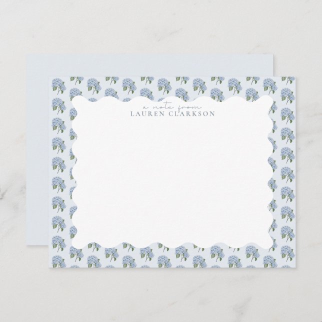 Tarjeta Pequeña Blue Hydrangea Floral Wavy Border Note Card (Anverso / Reverso)