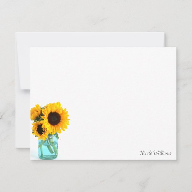 Tarjeta Pequeña Blue Mason Jar Sunflowers Stationery personalizada (Anverso)