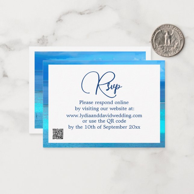 Tarjeta Pequeña Blue Tropical Ocean Destination Wedding RSVP (Anverso/Reverso In Situ)