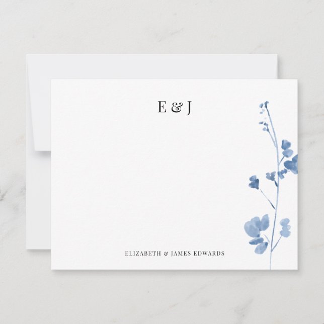 Tarjeta Pequeña Blue Wildflowers Classic Elegant Couple Initials (Anverso)