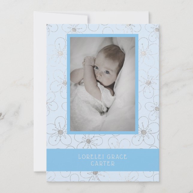 Tarjeta Pequeña Blue Wildflowers Silver Photo Naming Ceremony (Anverso)