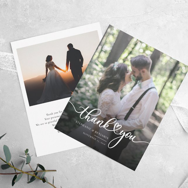 Tarjeta Pequeña Boda 2 Fotos Mano-Lettered Gracias (Wedding Photos Elegant Script Wedding Thank You Note Card)