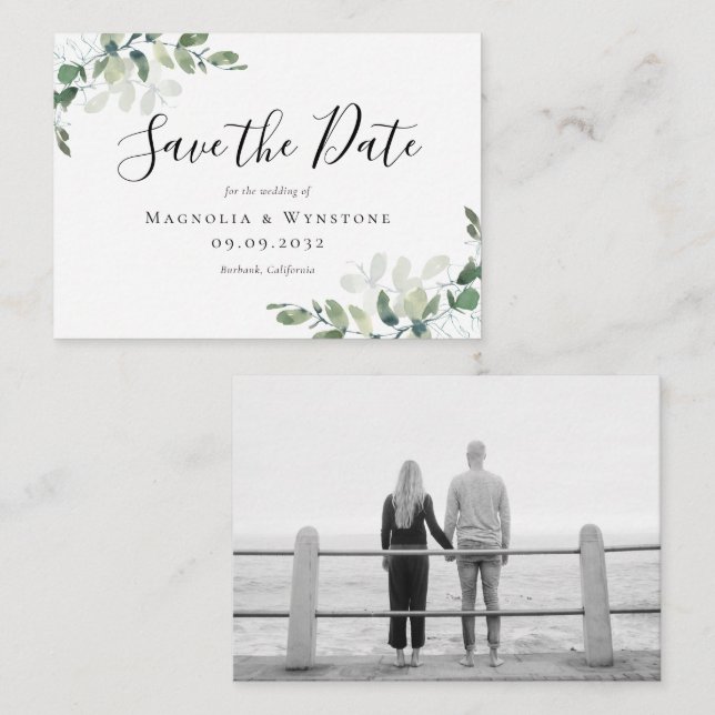 Tarjeta Pequeña Boda acuarela de Eucalyptus para el presupuesto Gu (Anverso / Reverso)