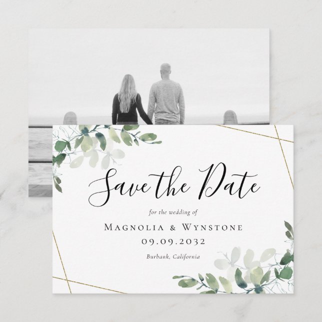 Tarjeta Pequeña Boda acuarela de Eucalyptus para el presupuesto Gu (Anverso / Reverso)