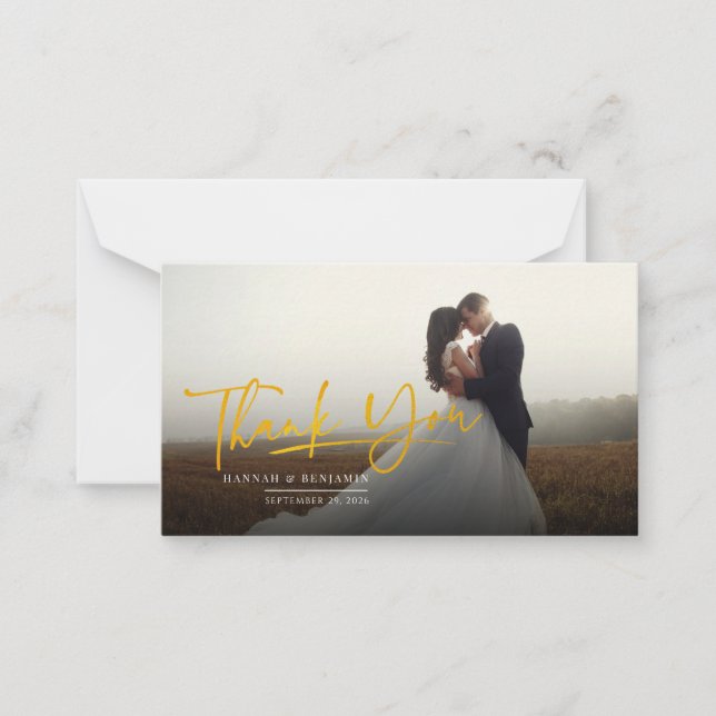 Tarjeta Pequeña Boda con letras de oro de foto gracias (Anverso)
