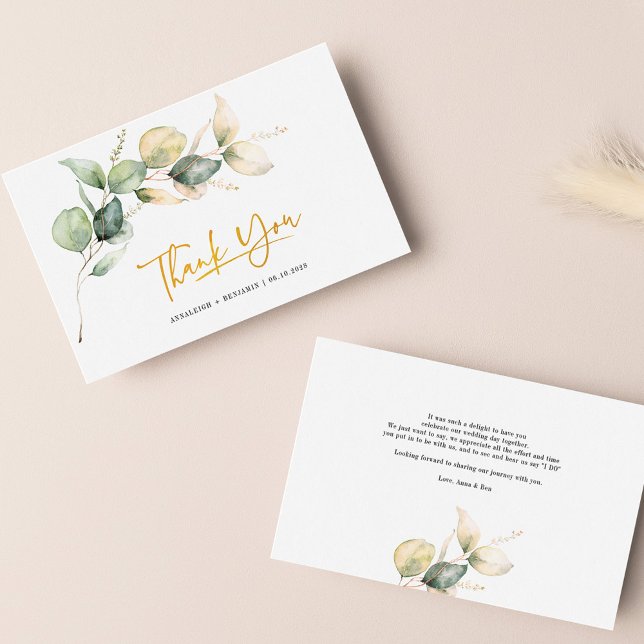 Tarjeta Pequeña Boda con manga de oro Eucalyptus Gracias Mini (Eucalyptus Watercolor Green and Gold Wedding Thank You Note Card)