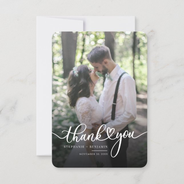 Tarjeta Pequeña Boda Couple Photo Script Gracias (Anverso)