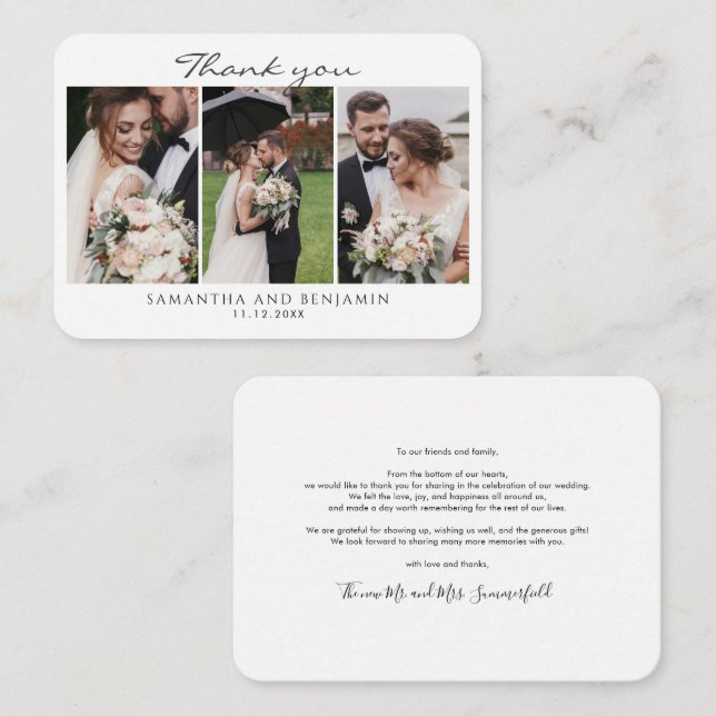 Tarjeta Pequeña Boda de 3 fotos de Newlyweds Gracias (Anverso / Reverso)