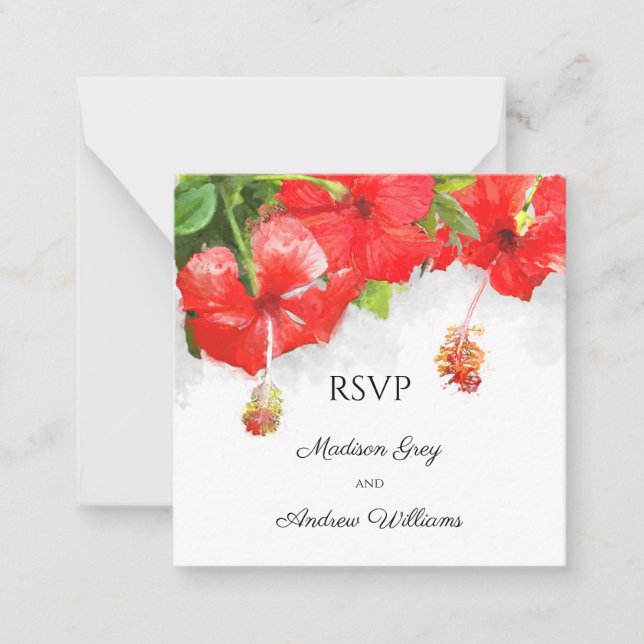 Tarjeta Pequeña Boda de Arte de Flores Rojas Exóticas Hibiscus RSV (Anverso)