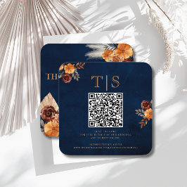 Tarjeta Pequeña Boda de código QR Gabinete RSVP Naval Floral azul