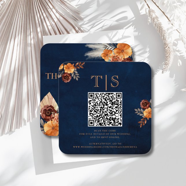 Tarjeta Pequeña Boda de código QR Gabinete RSVP Naval Floral azul (Subido por el creador)