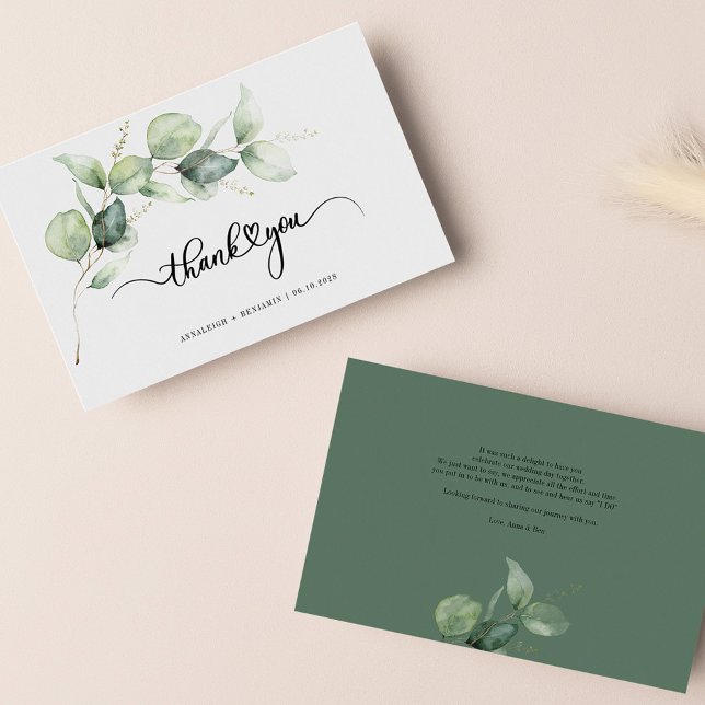 Tarjeta Pequeña Boda de guiones con letras de mano modernas gracia (Botanical Minimalist Eucalyptus Script Thank You Note Card)