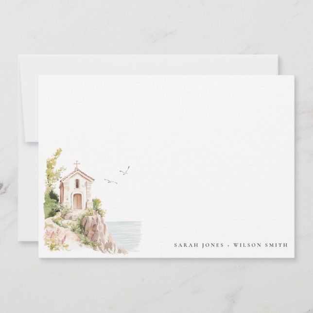 Tarjeta Pequeña Boda de la Iglesia Católica de la Acuarela Costera (Anverso)