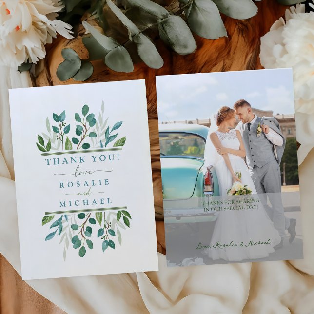 Tarjeta Pequeña Boda de la vegetación botánica. (Flat Photo Wedding Thank You Card Front and Back)