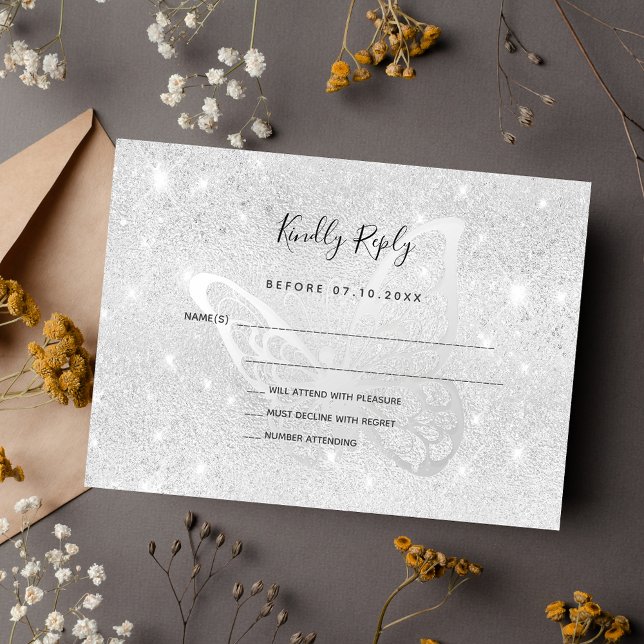 Tarjeta Pequeña Boda de mariposa de plata brillante RSVP (Subido por el creador)