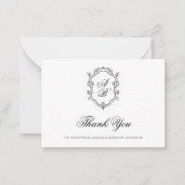 Tarjeta Pequeña Boda de Monograma Floral Blanco y Negro Formal Esc