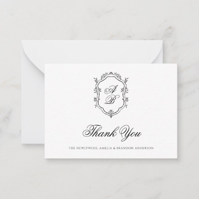 Tarjeta Pequeña Boda de Monograma Floral Blanco y Negro Formal Esc (Anverso)