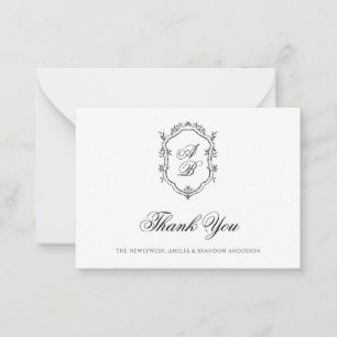 Tarjeta Pequeña Boda de Monograma Floral Blanco y Negro Formal Esc