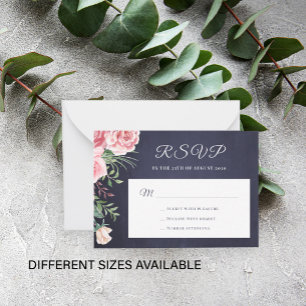 Tarjeta Pequeña Boda de presupuesto floral rosa azul marino RSVP