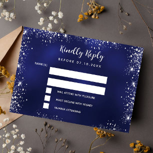 Tarjeta Pequeña Boda de purpurina azul marino de plata RSVP
