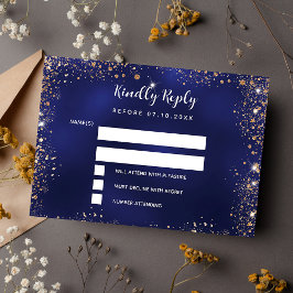 Tarjeta Pequeña Boda de purpurina de oro azul marino RSVP