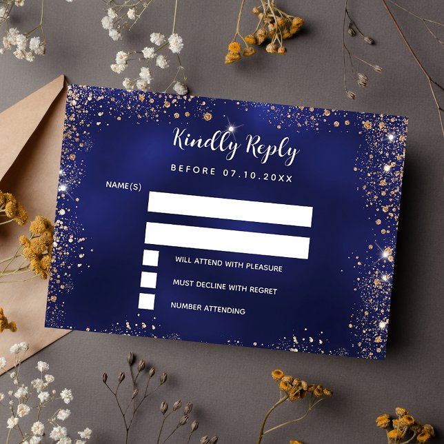 Tarjeta Pequeña Boda de purpurina de oro azul marino RSVP (Subido por el creador)