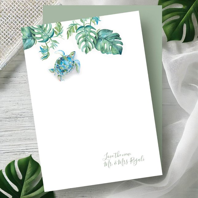 Tarjeta Pequeña Boda de tortugas marinas tropicales Gracias Cartas (Tropical notecards watercolor sea turtle and palm leaf art by Victoria Grigaliunas, Do Tell A Belle)