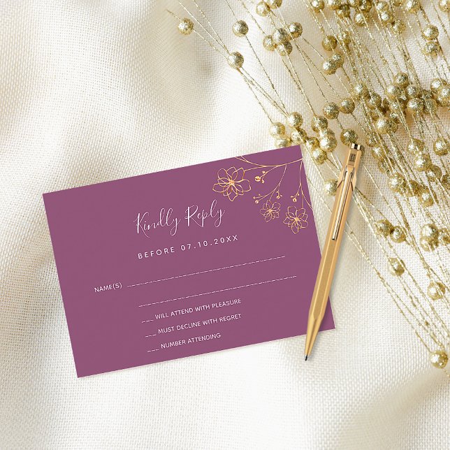 Tarjeta Pequeña Boda elegante floral de oro púrpura de plumas RSVP (Subido por el creador)