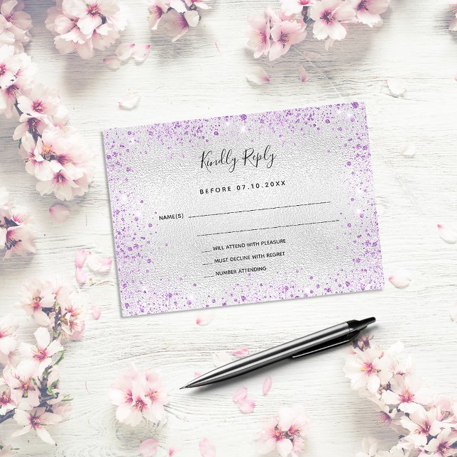Tarjeta Pequeña Boda elegante purpurina morado de plata RSVP (Subido por el creador)