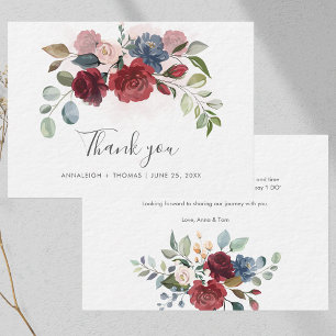 Tarjeta Pequeña Boda Floral Borgoña Script Gracias