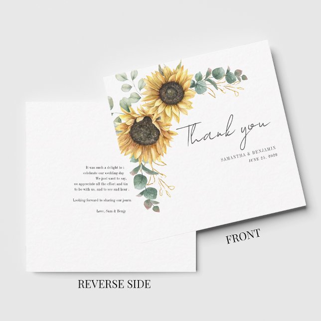 Tarjeta Pequeña Boda Floral De Girasol Eucalyptus Gracias (Floral Sunflower Eucalyptus Wedding Thank You Note Card)