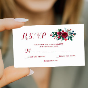 Tarjeta Pequeña Boda floral de invierno rojo borgoña presupuestado