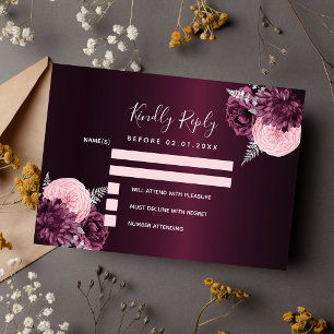 Tarjeta Pequeña Boda floral de plata rosa de Borgoña RSVP