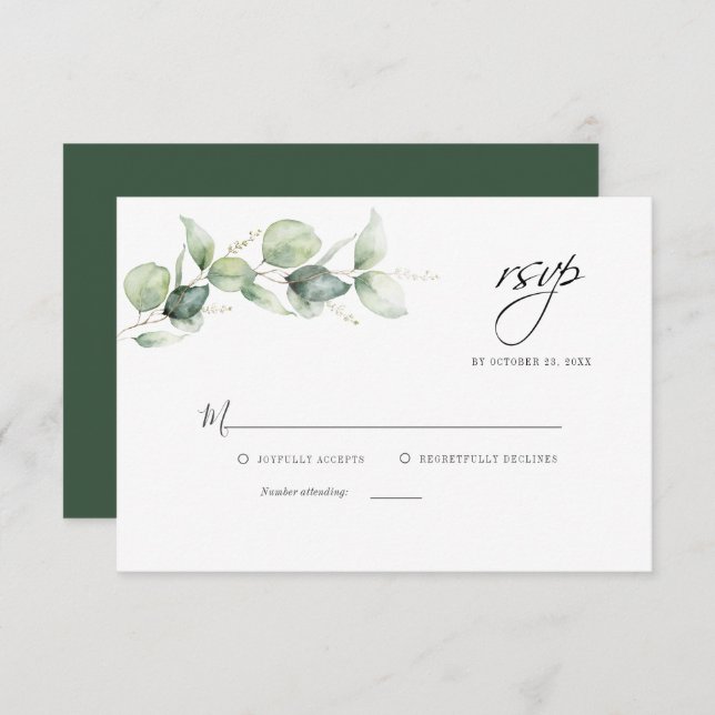 Tarjeta Pequeña Boda Floral Eucalyptus Foliage Script RSVP (Anverso / Reverso)