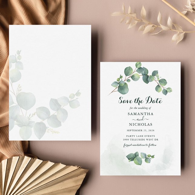 Tarjeta Pequeña Boda Floral Eucalyptus Salva La Fecha (Eucalyptus Foliage Script  Wedding Save the Date Card)